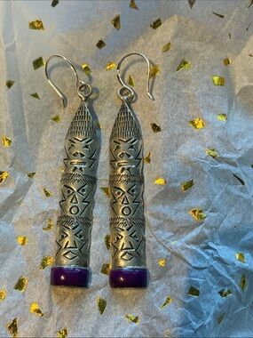 Sterling Tribal Totem Drop Earrings with Purple Accent. Signed OTT